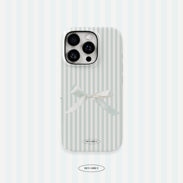 Phone case with white stripes and a bow on a light blue background