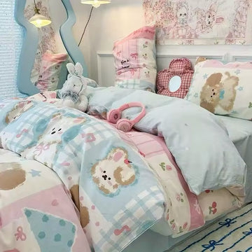 Twin size bed adorned with Kawaii Puppy Bedding Set featuring cartoon dog prints.