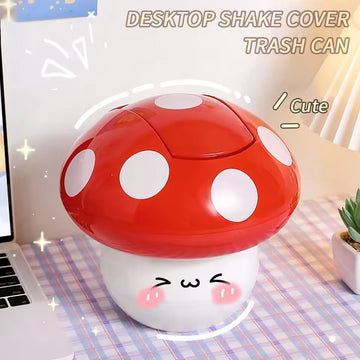 Cute mushroom-shaped trash can on a desk with text 'Desktop Shake Cover Trash Can' and 'Cute'.