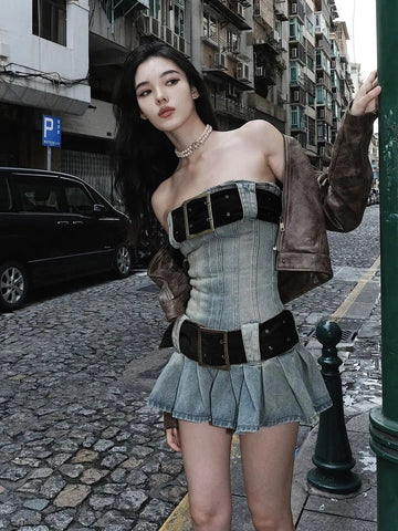 Vintage Y2K denim dress with strapless tube top design, pleated skirt, and belt. Perfect for grunge and Korean Kpop fashion-inspired summer looks.