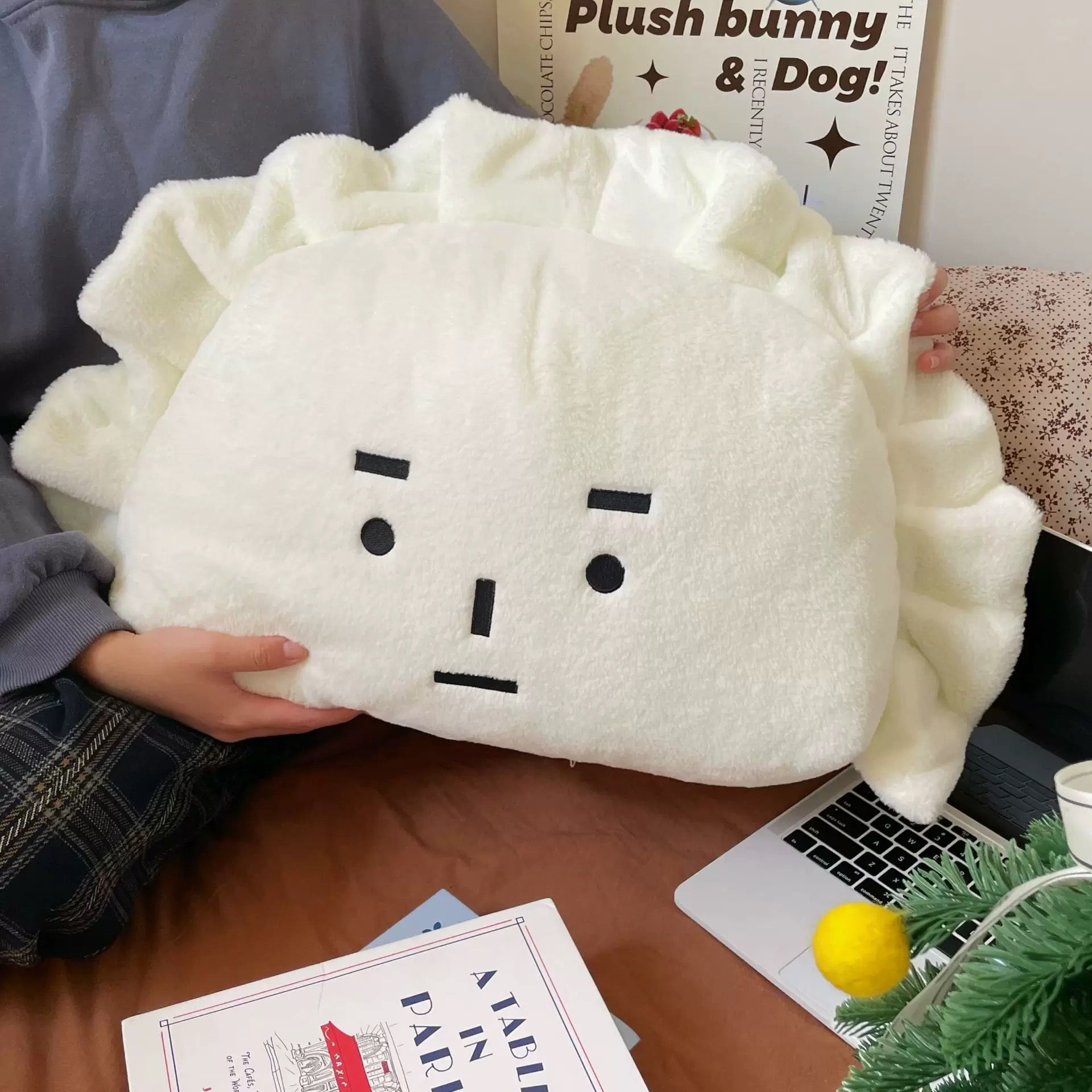 White plush toy resembling a dog face held by a person on a desk with a laptop and books.