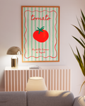 Tomato artwork with vintage-style stripes and handwritten type.