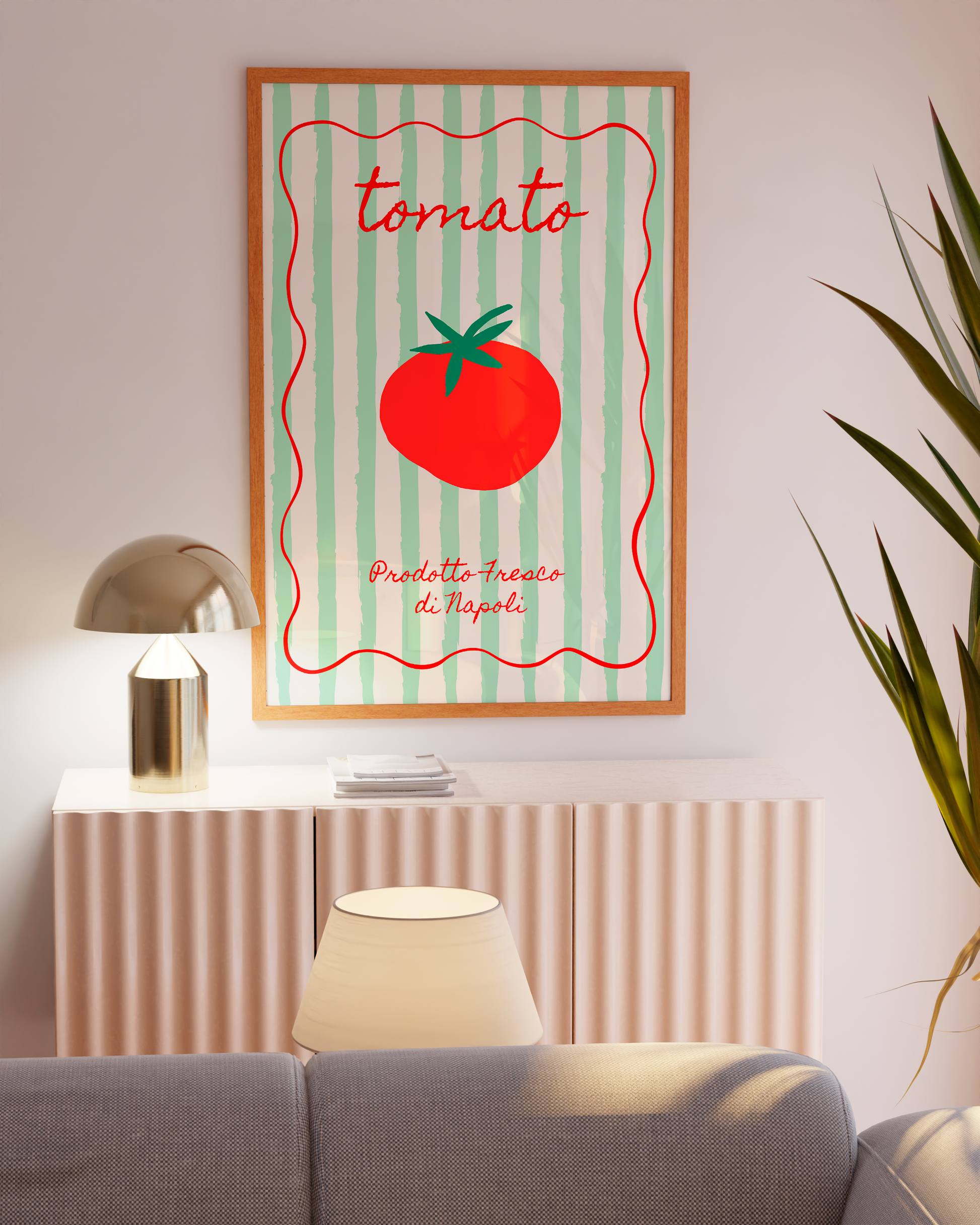 Tomato artwork with vintage-style stripes and handwritten type.