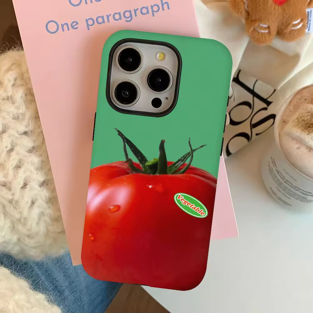 Tomato phone case close-up showing water droplets for fresh effect