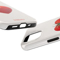 White phone case with tomato design and 'tomato' branding on a white background. Minimalist red heart phone cover