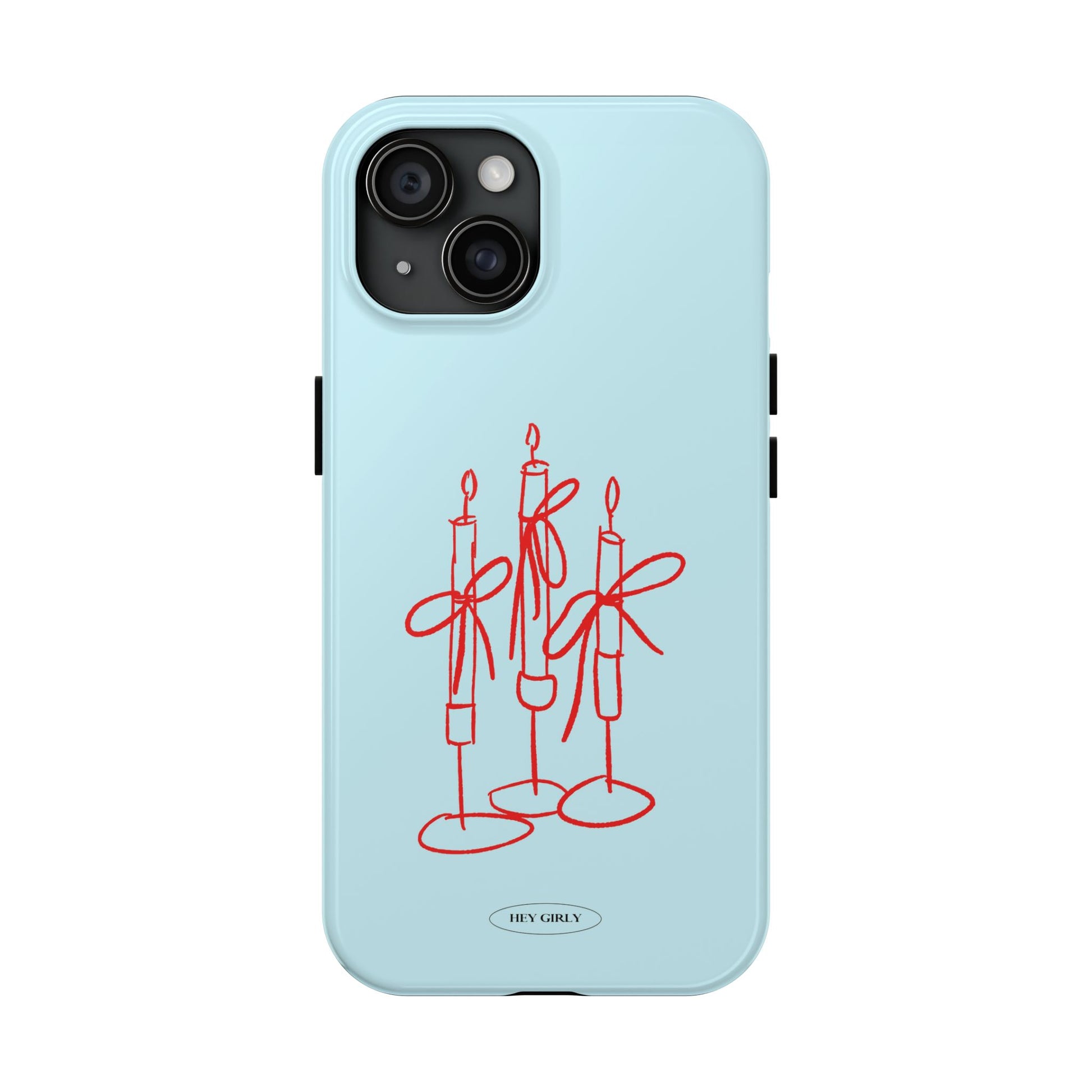 Light blue phone case with red candle design on a white background