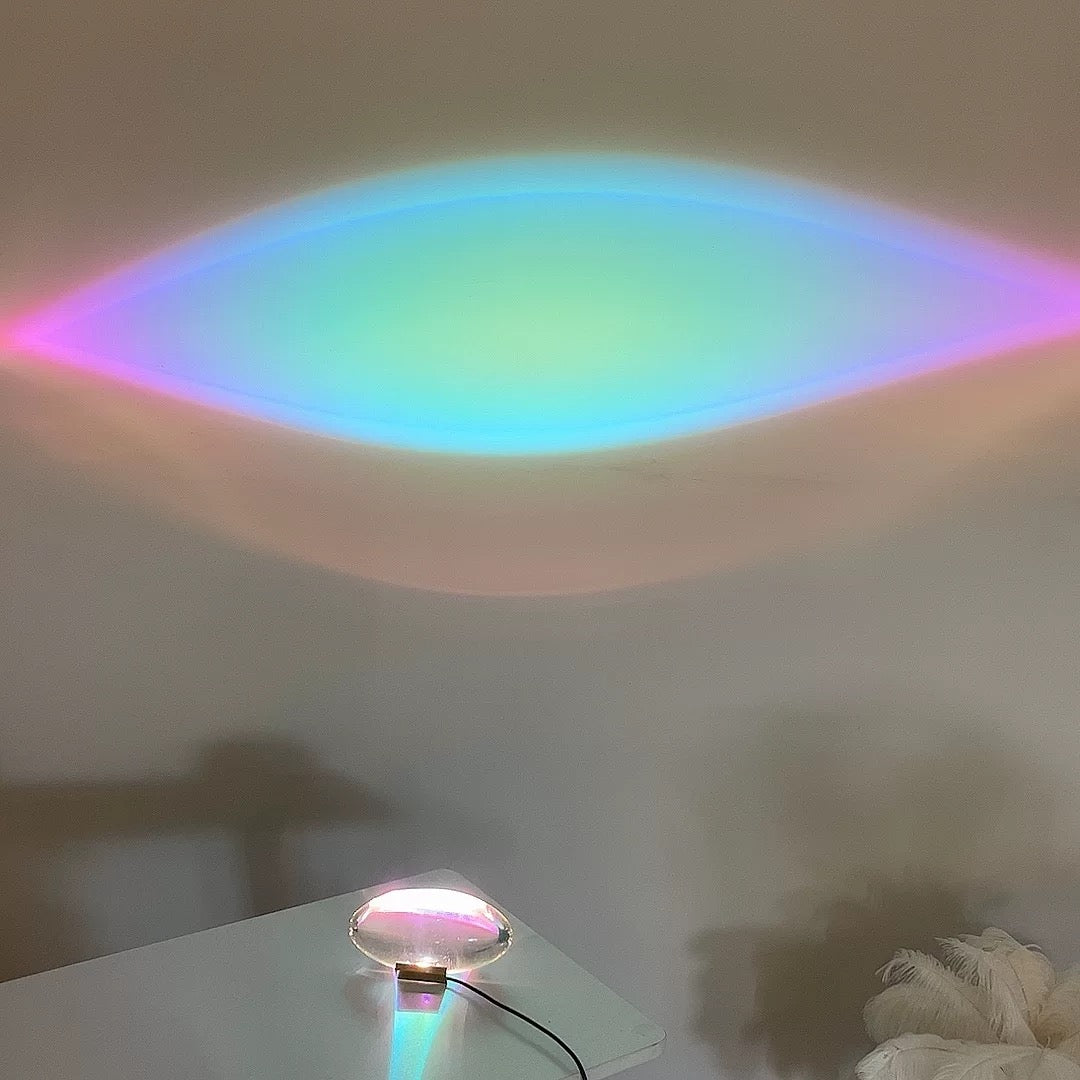 Sunset effect crystal lamp on wood table