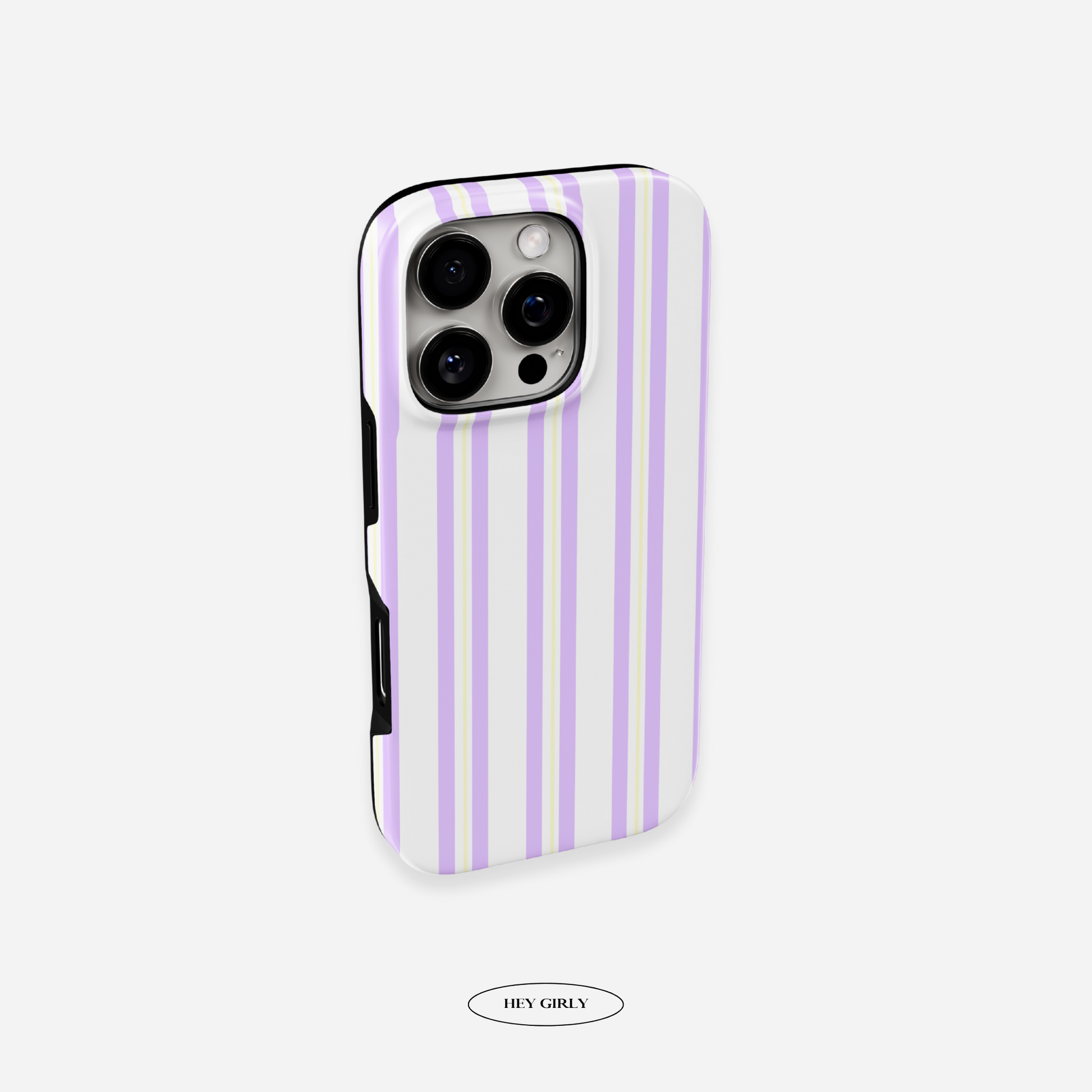 Phone case with purple and white vertical stripes on a light gray background
