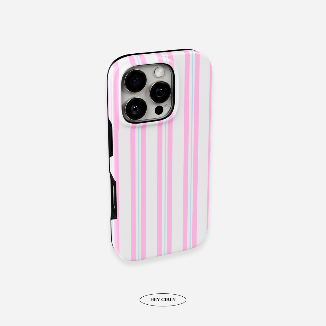 Phone case with pink and white vertical stripes on a light gray background