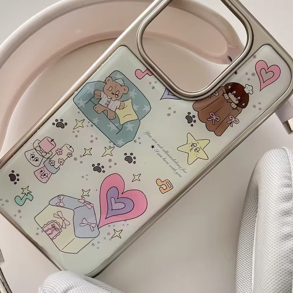 Phone case with cartoon designs on a light green background