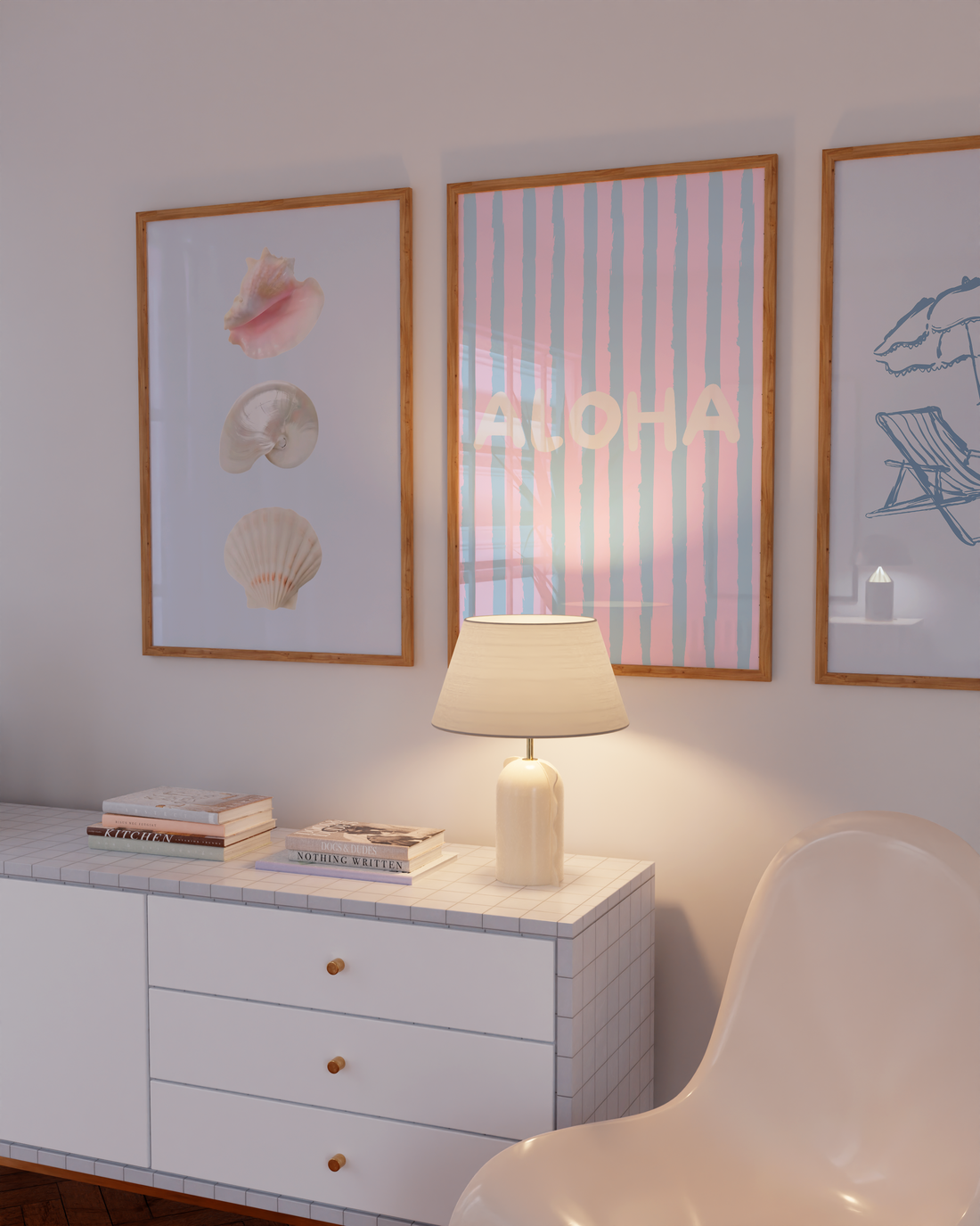 Pastel striped 'ALOHA' poster in pink and blue, perfect for coastal dorm room wall decor