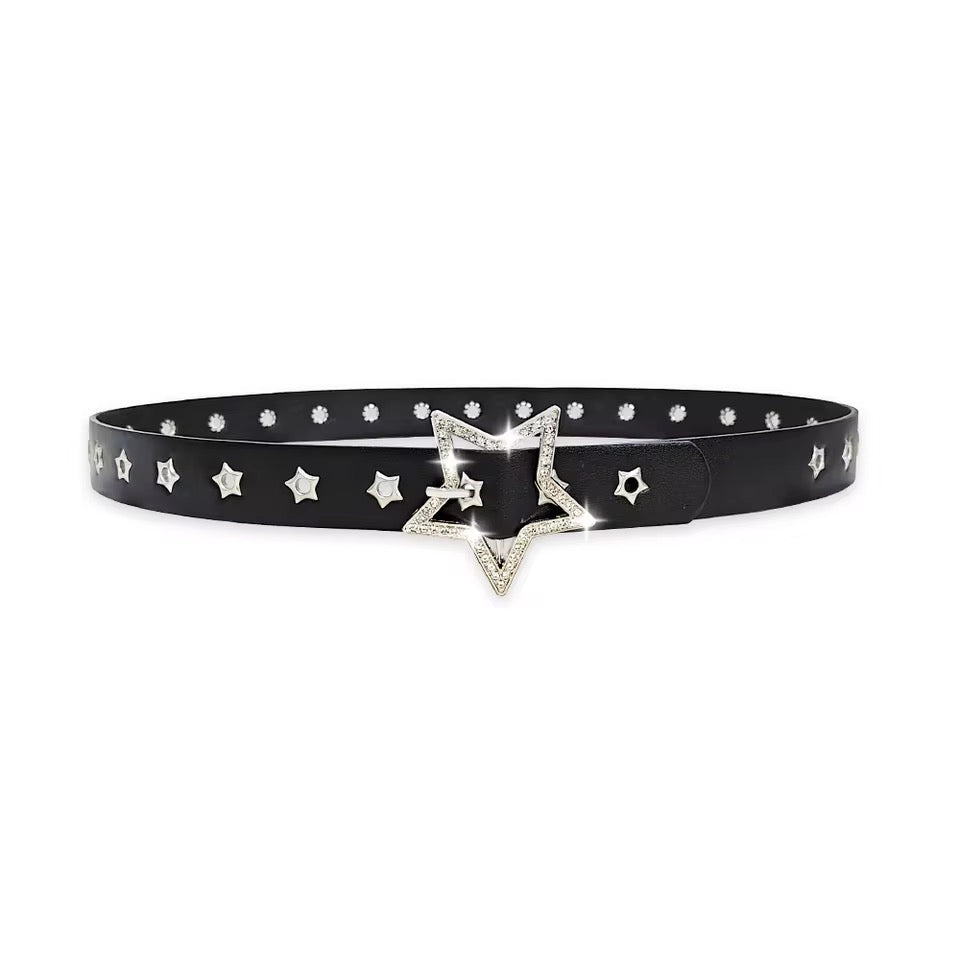 Black belt with silver star-shaped buckle on a white background