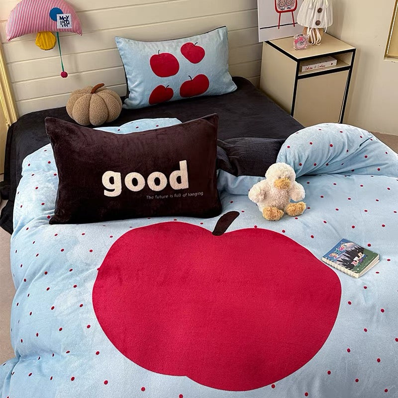 Apple milk fleece bedding set with cute apple print styled in cozy Korean dorm room