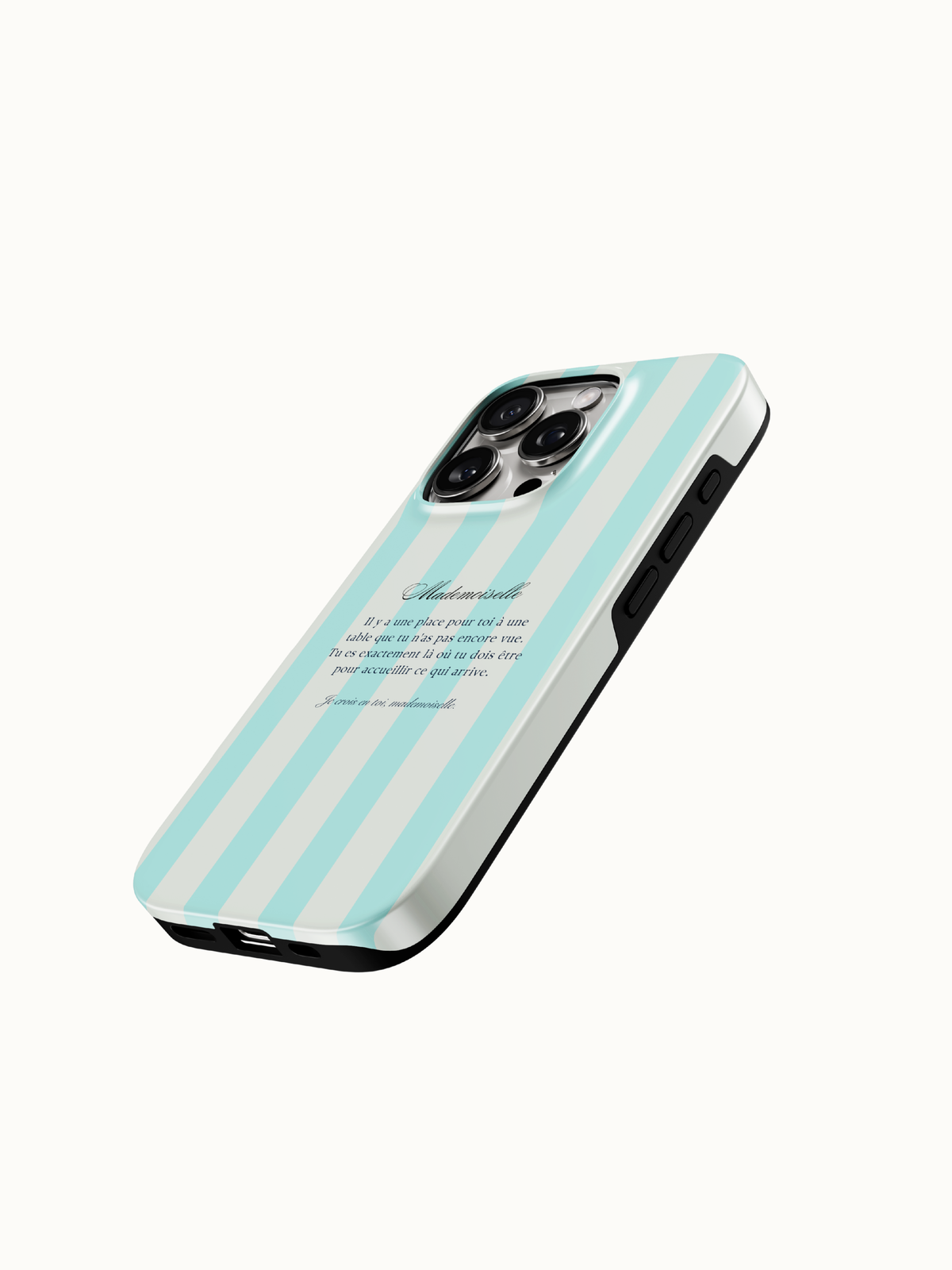 Aqua striped phone case close up of the Mademoiselle French poem print, glossy preppy aesthetic case from The Feelz