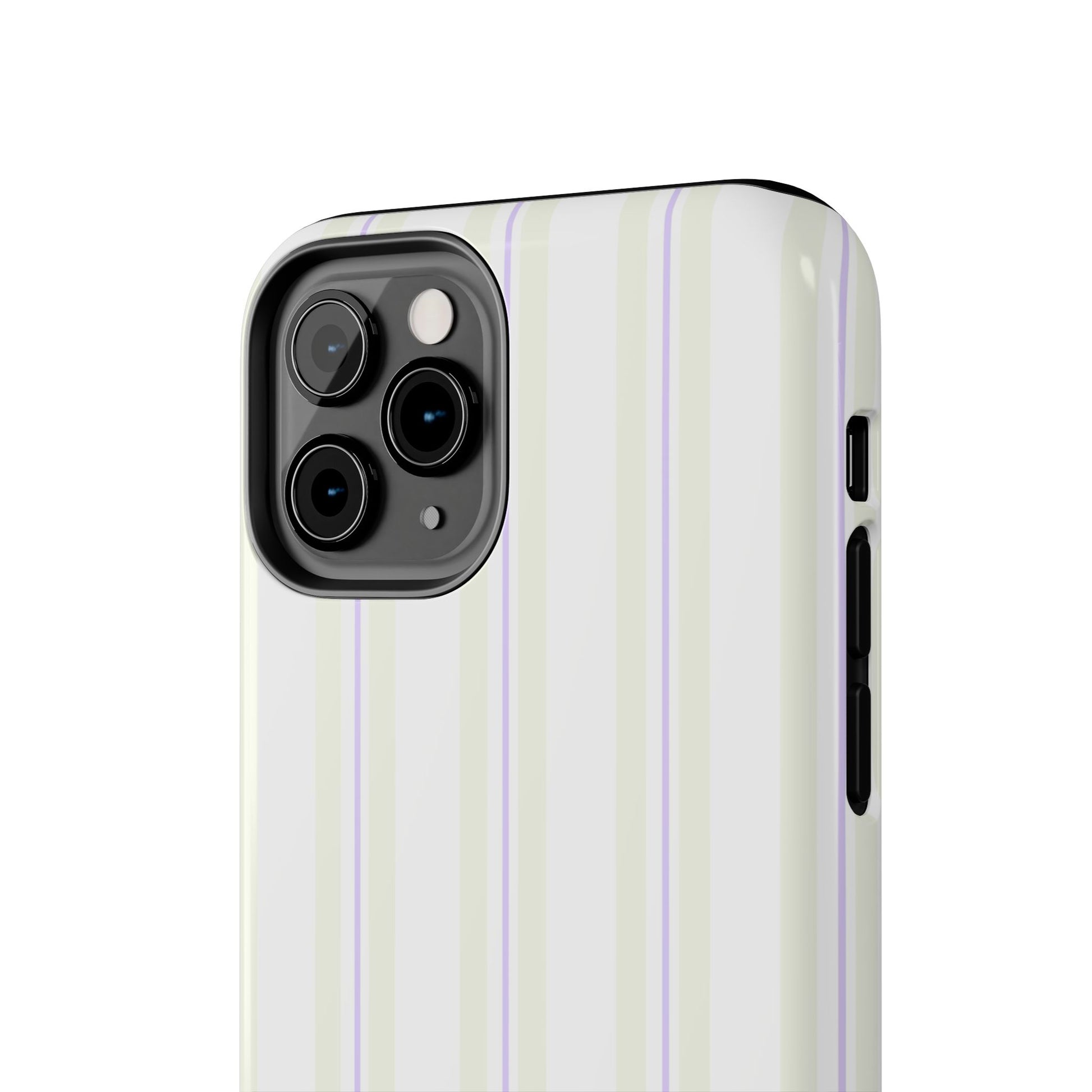 Beige and purple striped iPhone case with glossy pastel finish