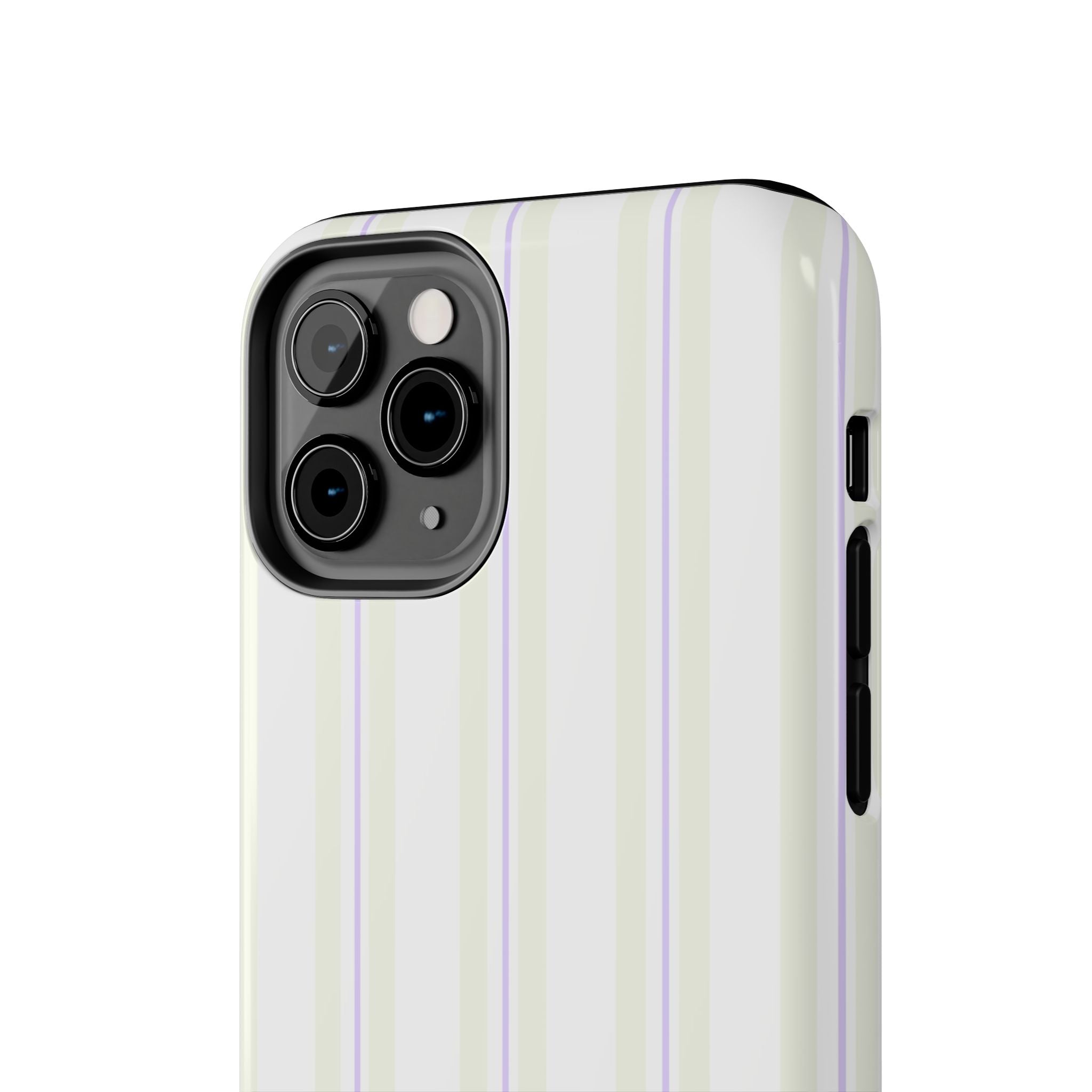 Beige and purple striped iPhone case with glossy pastel finish