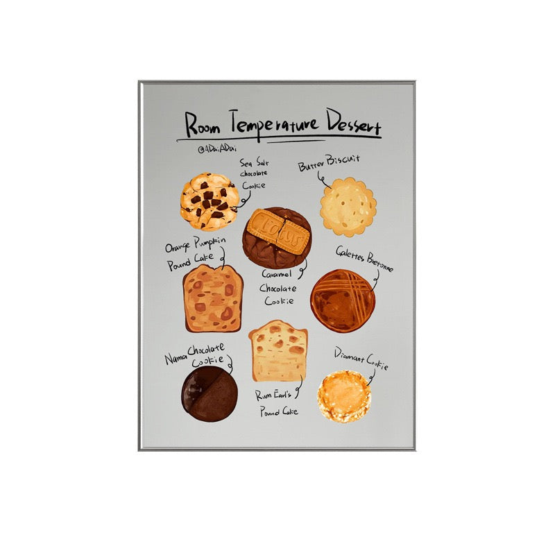 A framed art print featuring a whimsical illustration of various desserts labeled with handwritten notes under the title 'Room Temperature Dessert'. The print showcases different cookies, cakes, and chocolates on a light gray background with a thin metallic frame.