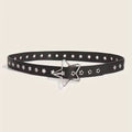 Black belt with star-shaped buckle and star designs on a beige background