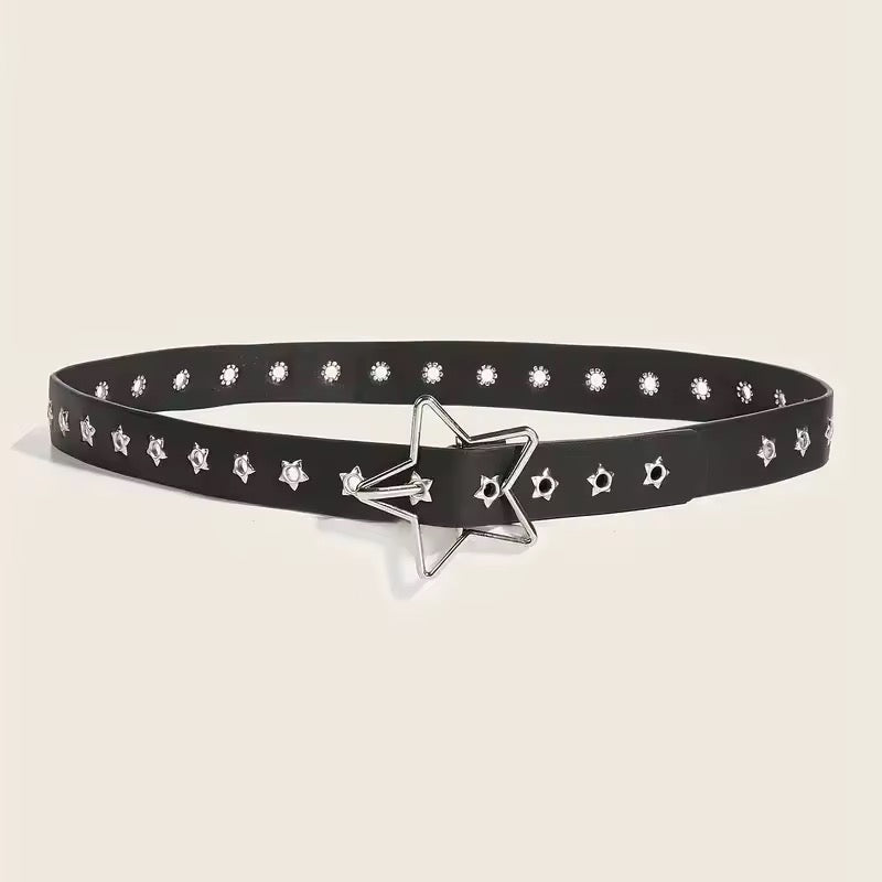 Black belt with star-shaped buckle and star designs on a beige background