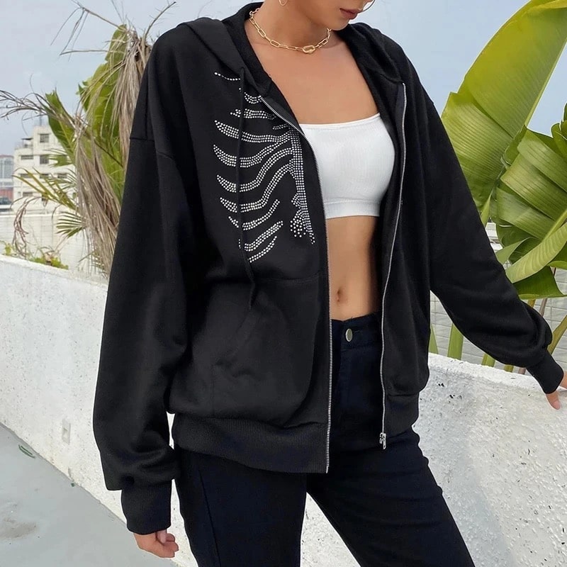 Women’s rhinestone skeleton hoodie Y2K black