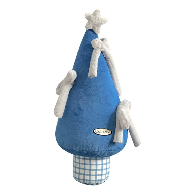 Blue Christmas tree pillow with white plush bows and blue checked base