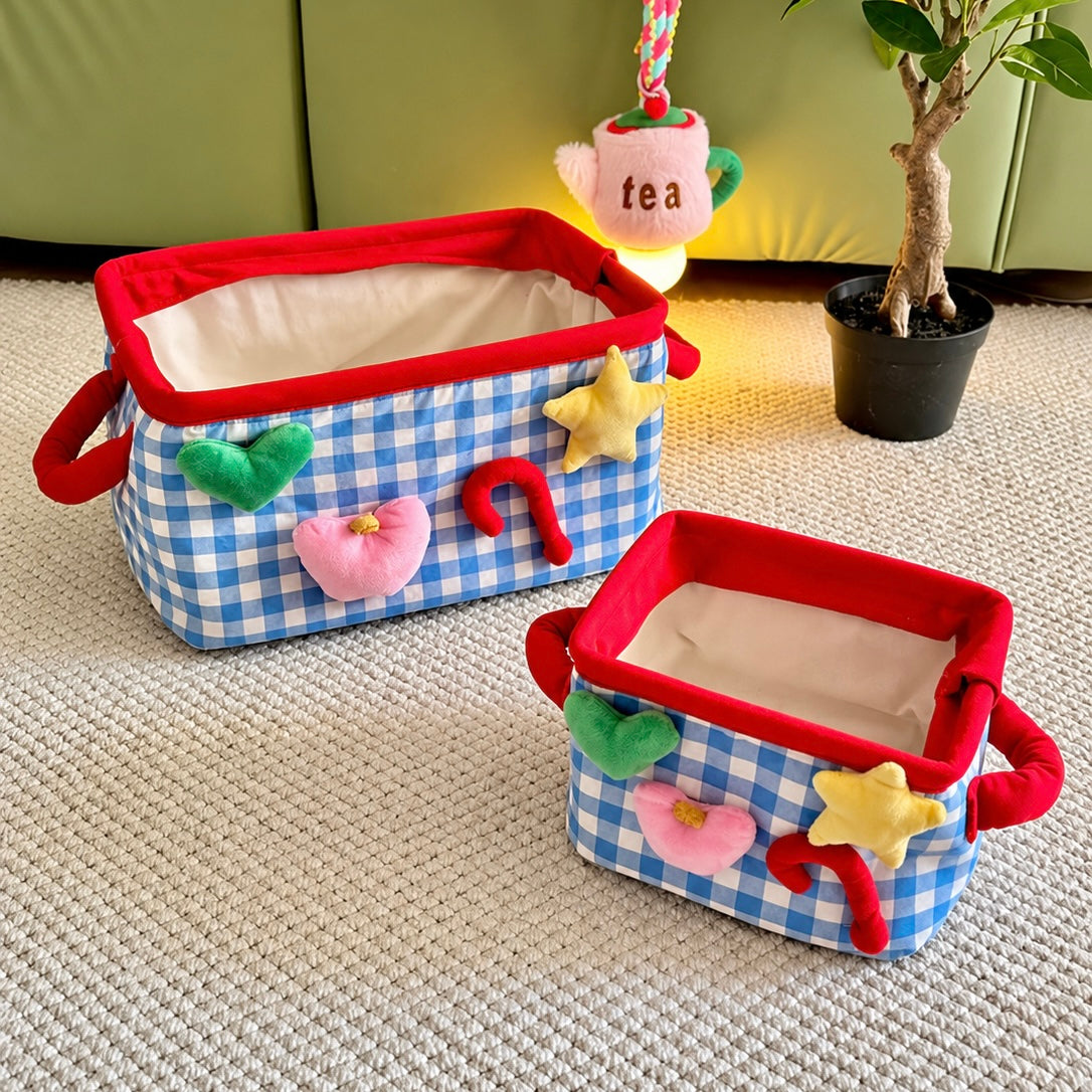 Blue plaid storage basket set with small and medium sizes shown together
