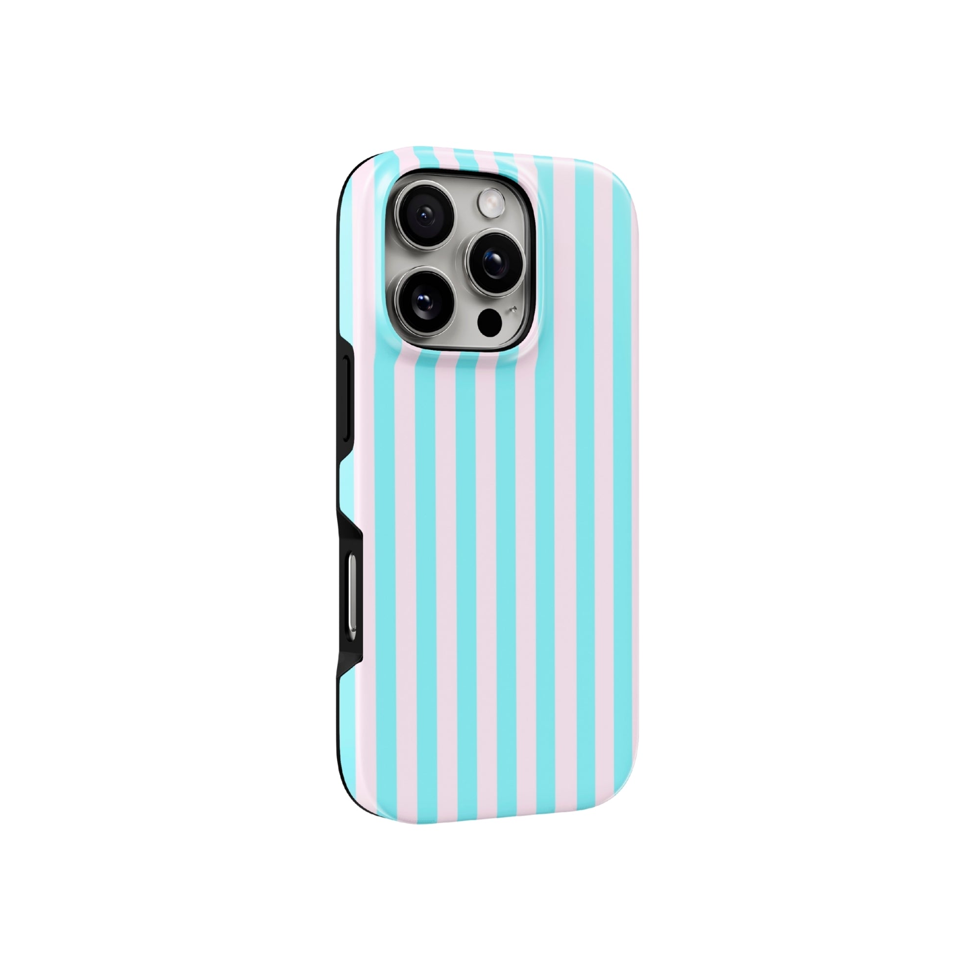 Phone case with blue and white striped design on a white background