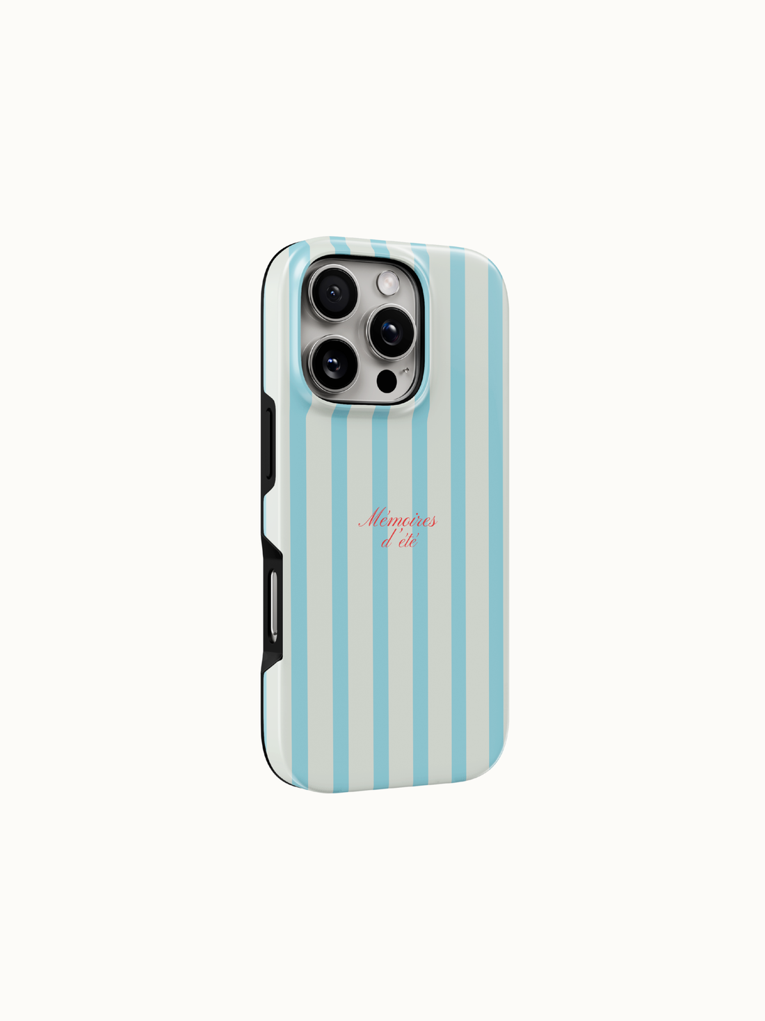 Blue striped phone case with red Memoires d'Ete summer memories script, back view on an iPhone, The Feelz