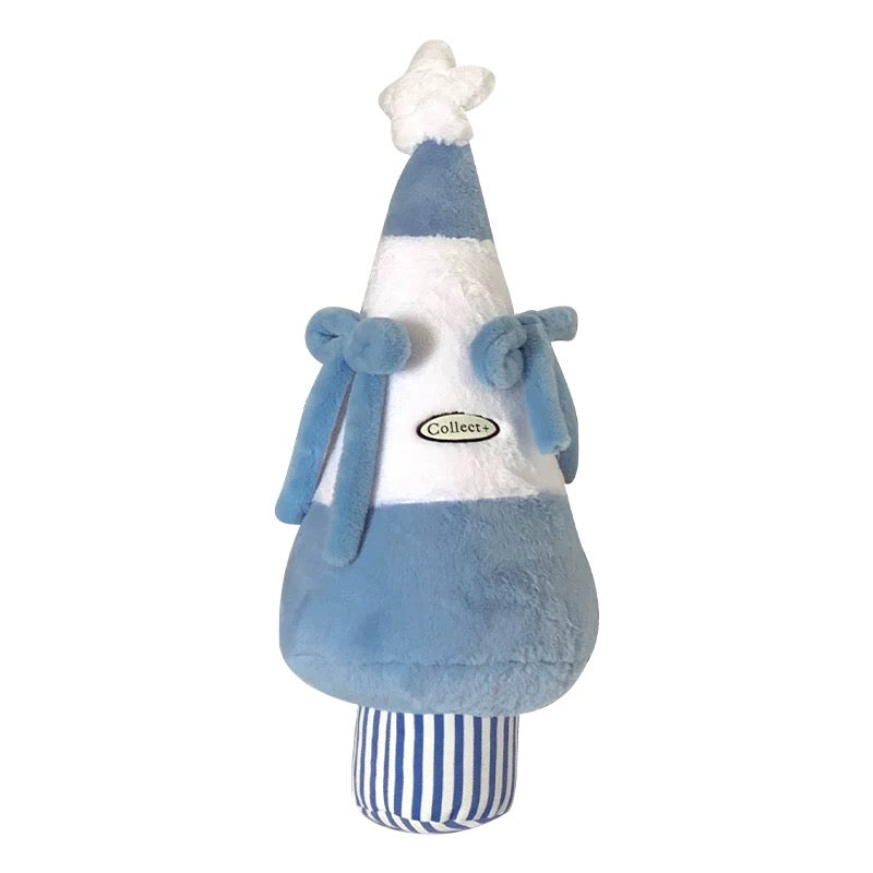 Blue and white plush Christmas tree pillow with blue bows and striped base