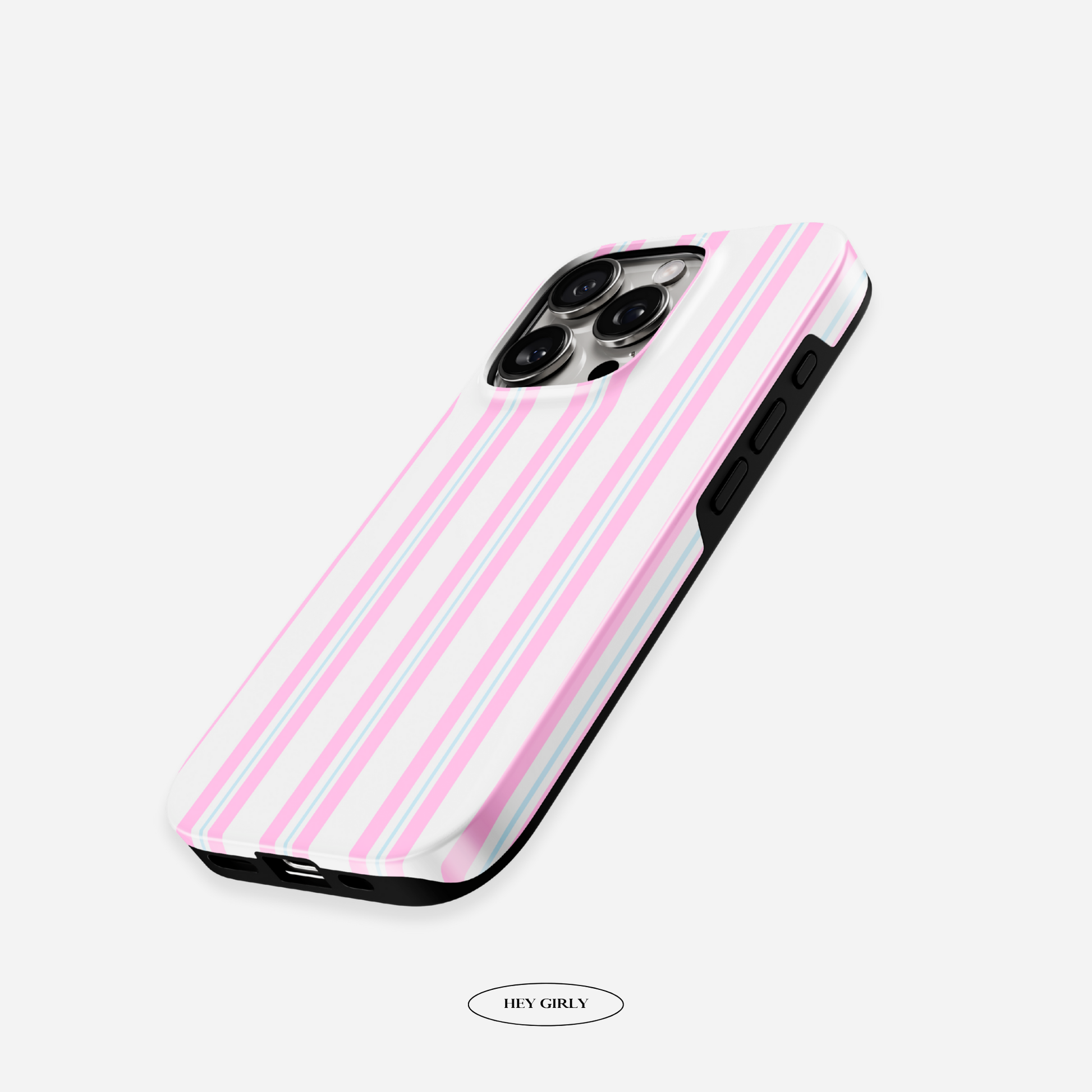 Phone case with pink and white stripes on a white background
