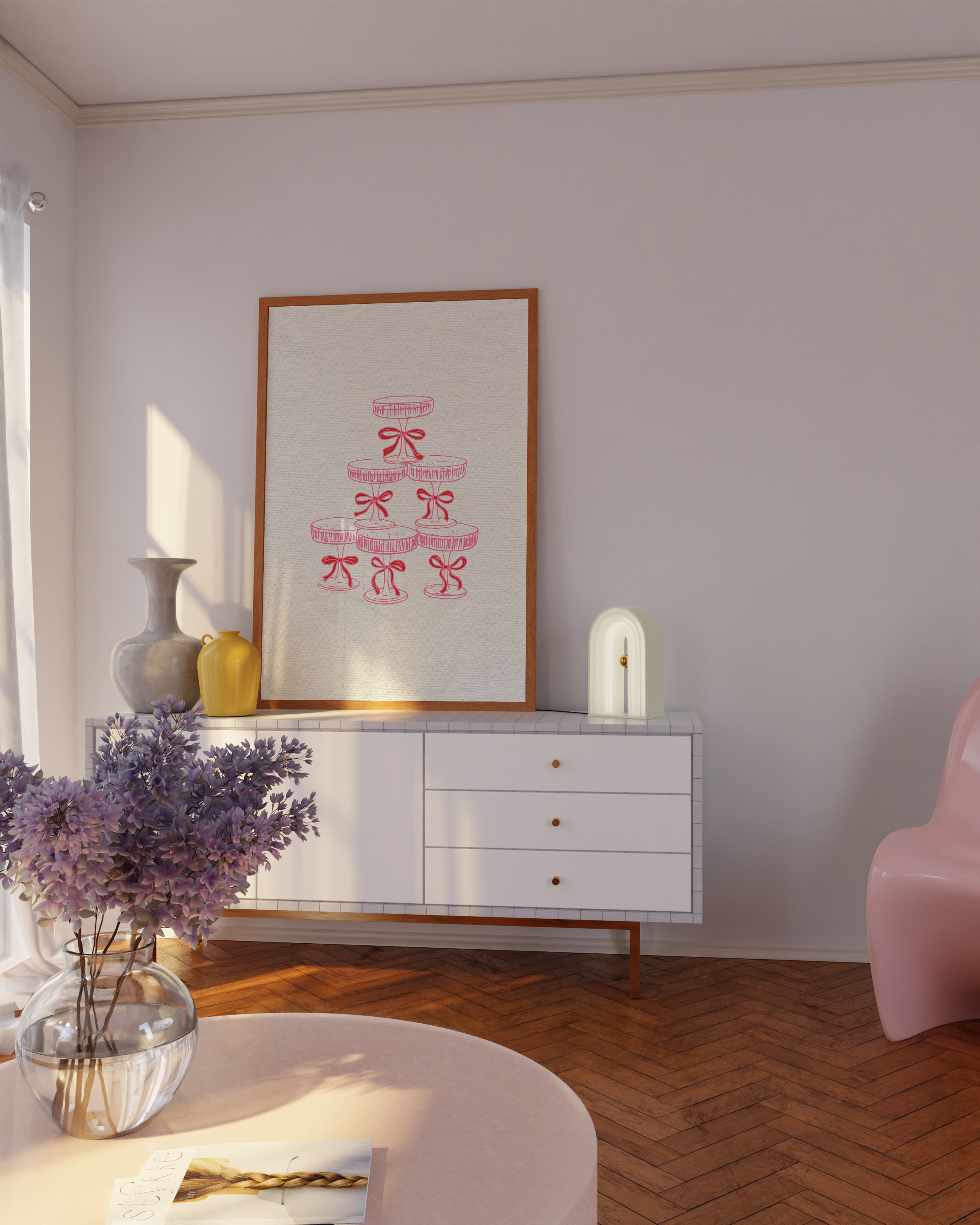 Bar cart wall art trio with cocktail illustrations in bold pink and red tones
