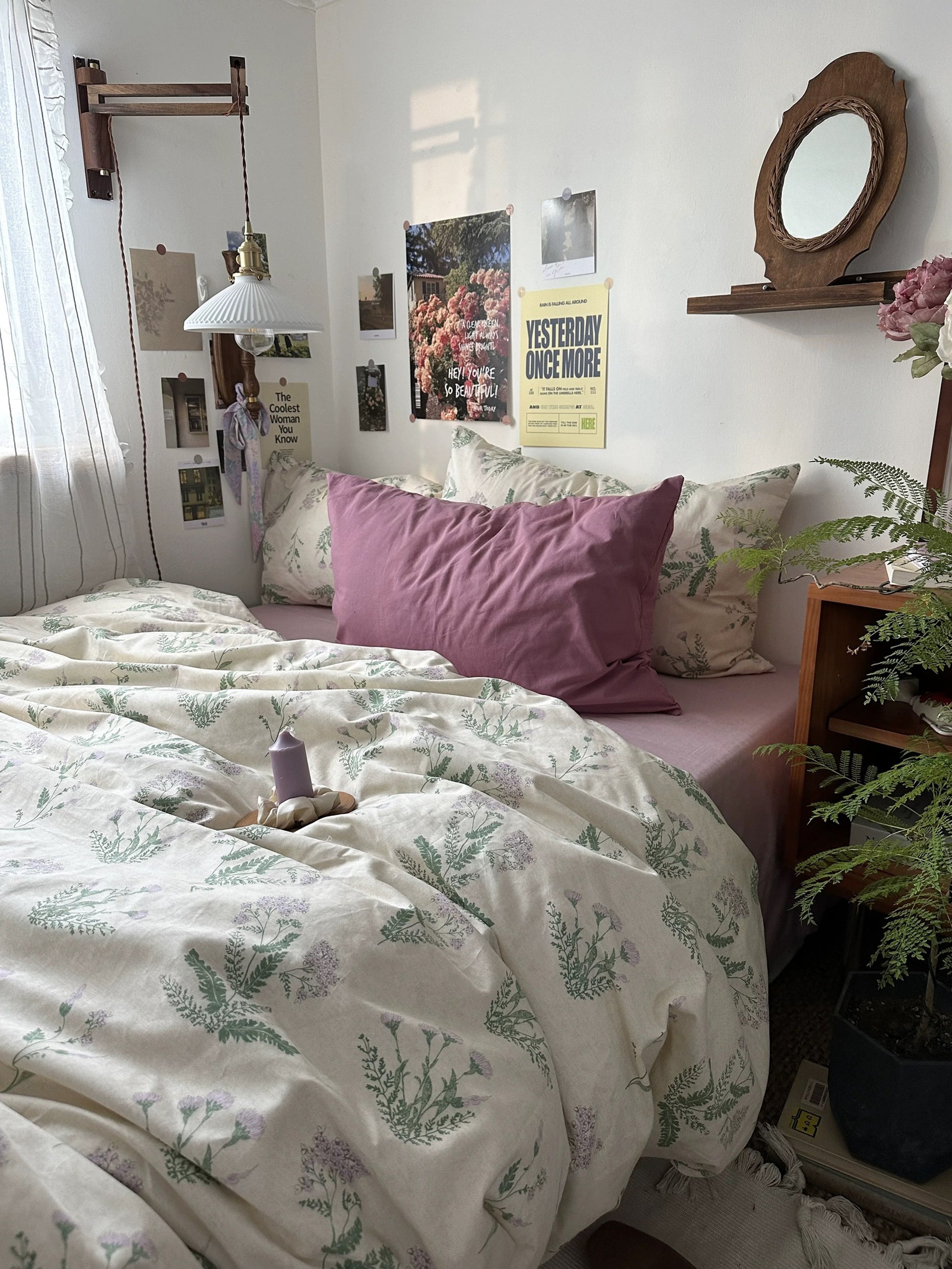 Floral cotton duvet cover with sage leaves and lavender blooms brightening cozy sleep space beautifully.