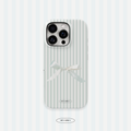 Phone case with white stripes and a bow on a light blue background