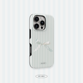 Phone case with a striped design and bow detail on a light blue background