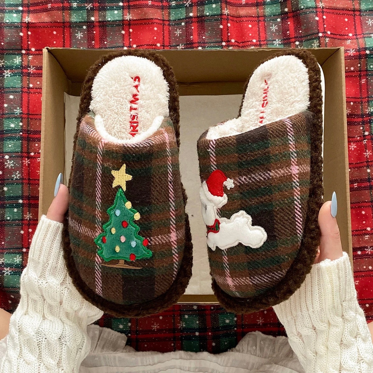 Brown Christmas tree slippers with puppy and tree motifs held together