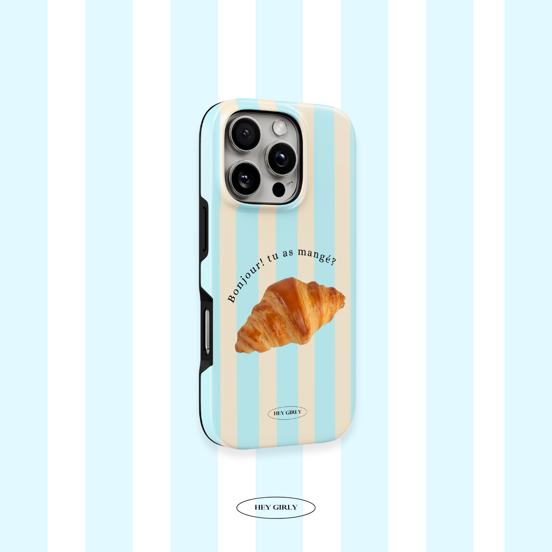 Coffee date aesthetic iPhone case featuring a croissant and soft blue stripes