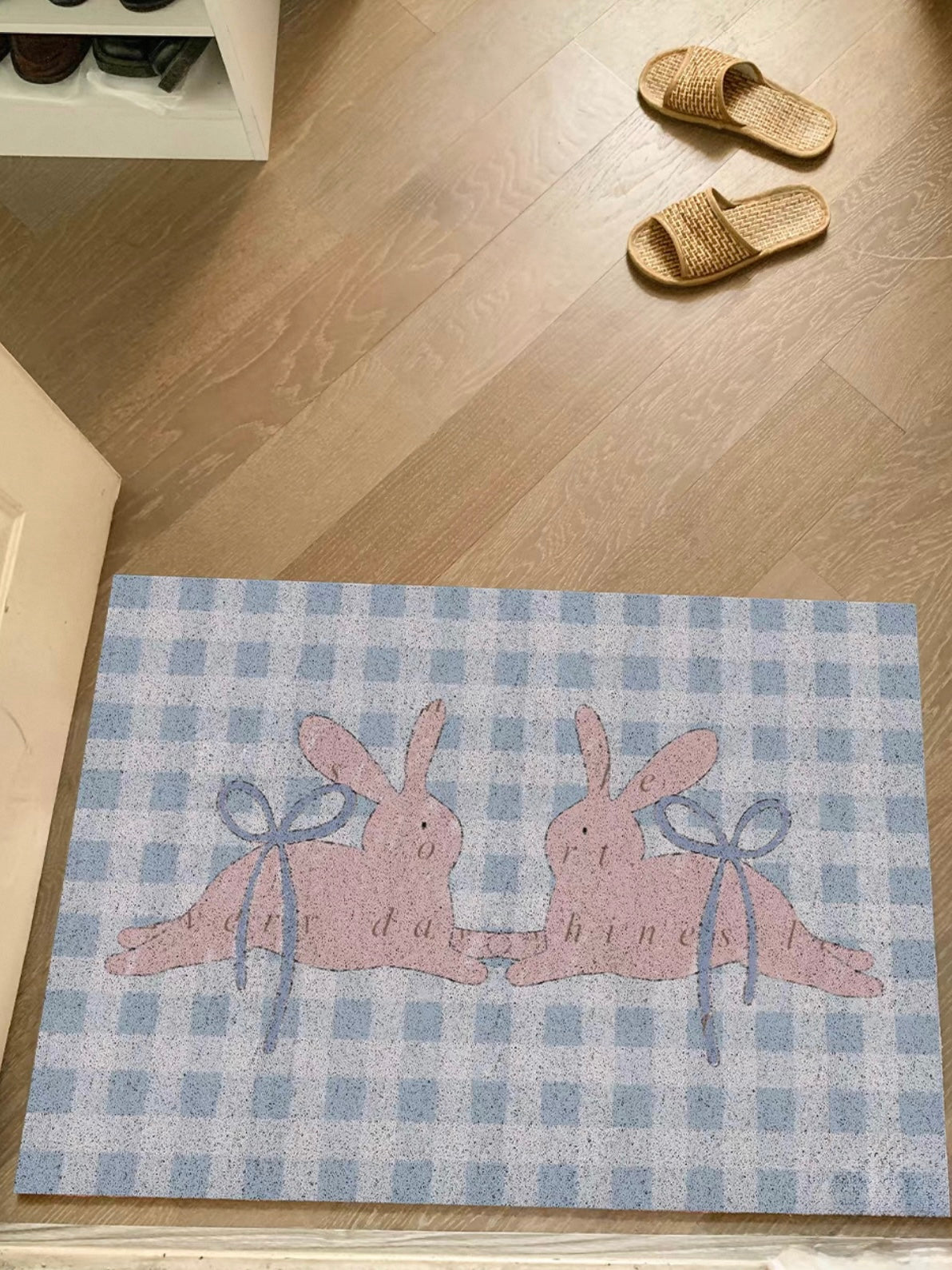 A bunny doormat lies across a doorway with pink rabbits facing each other on blue and white checks.