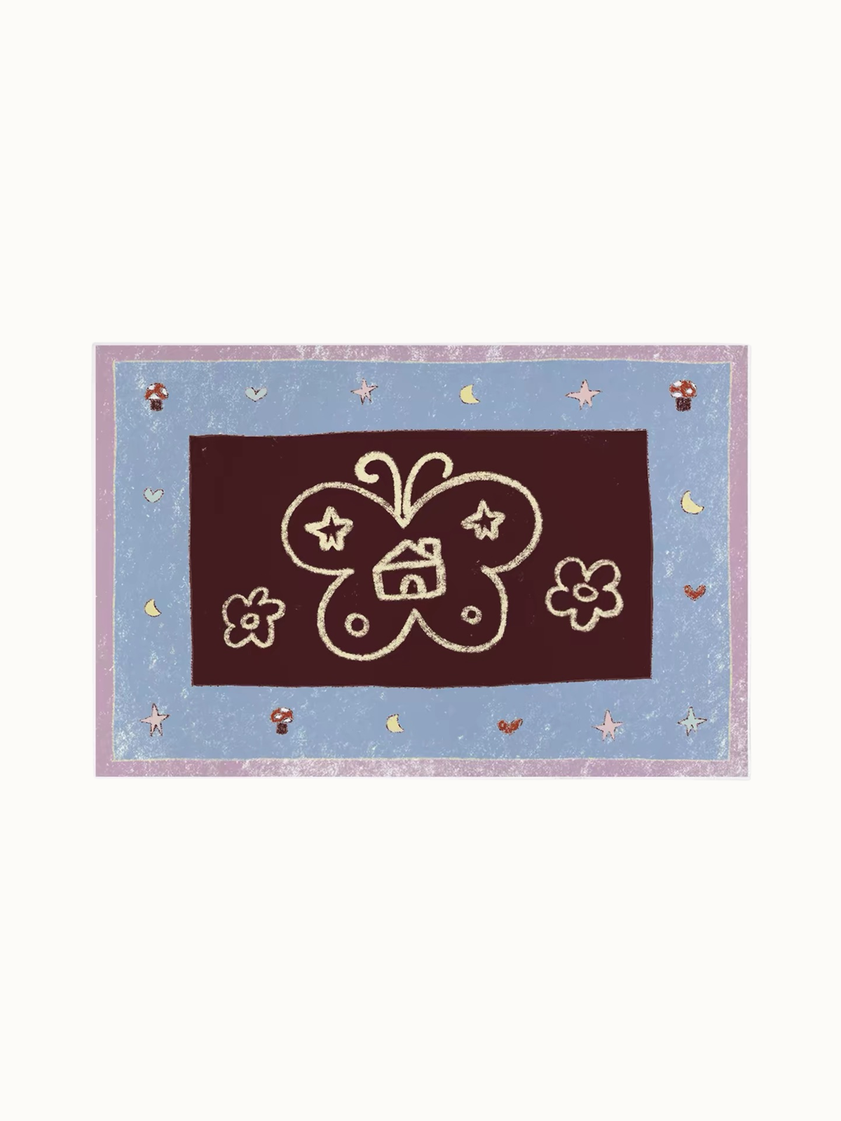 A butterfly bedroom rug shows cream outline wings, flowers and tiny mushrooms inside a blue border.