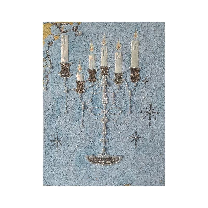 Front view of blue candelabra wall art with cream candles and printed metallic details