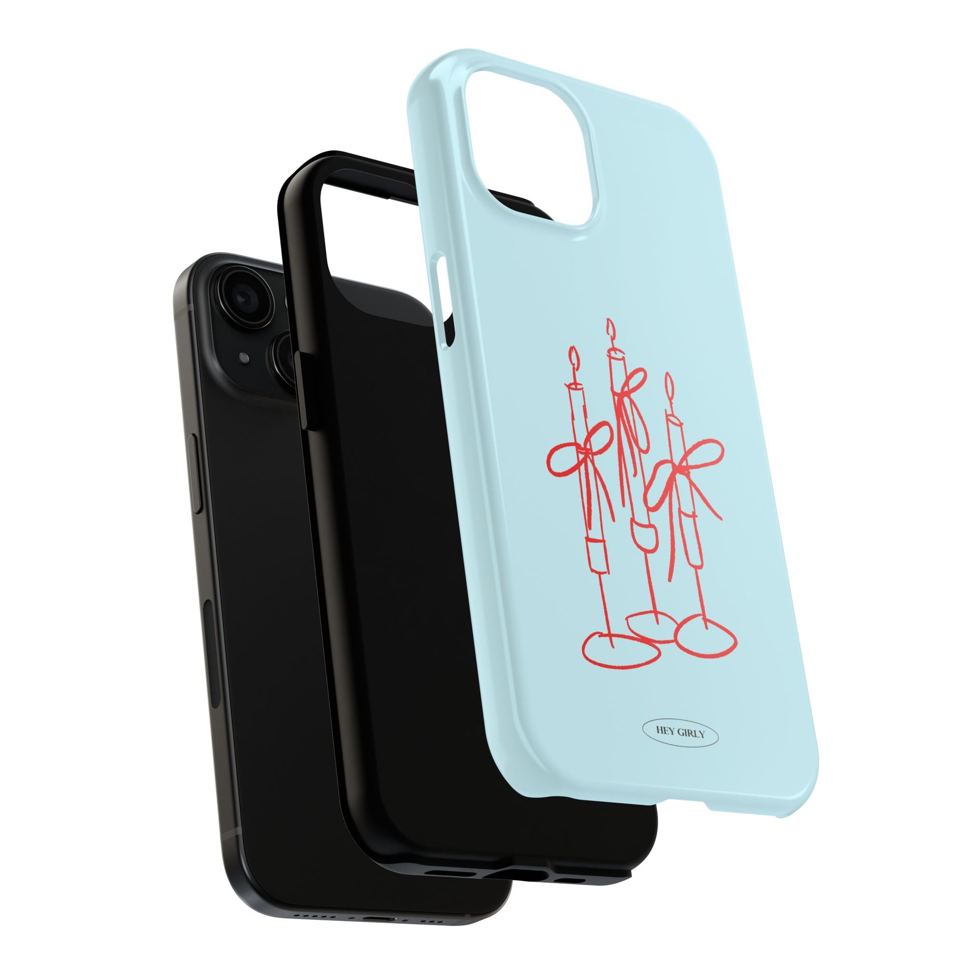 Light blue phone case with red design on a white background