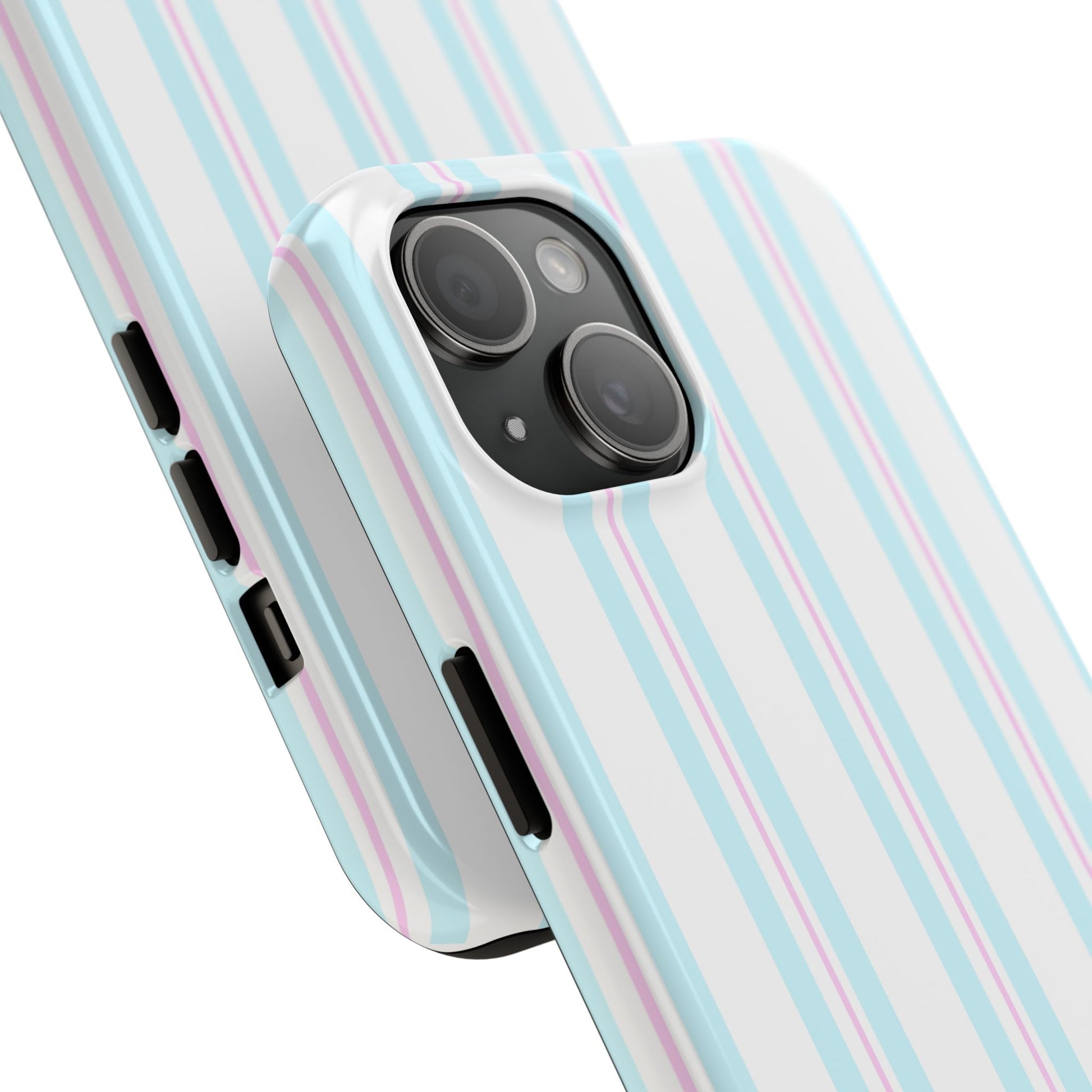 Phone case with blue and pink striped design on a white background