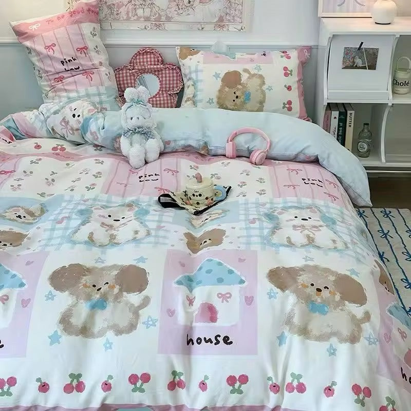 Queen size bed showcasing the full Kawaii Puppy Bedding Set with matching pillowcases.