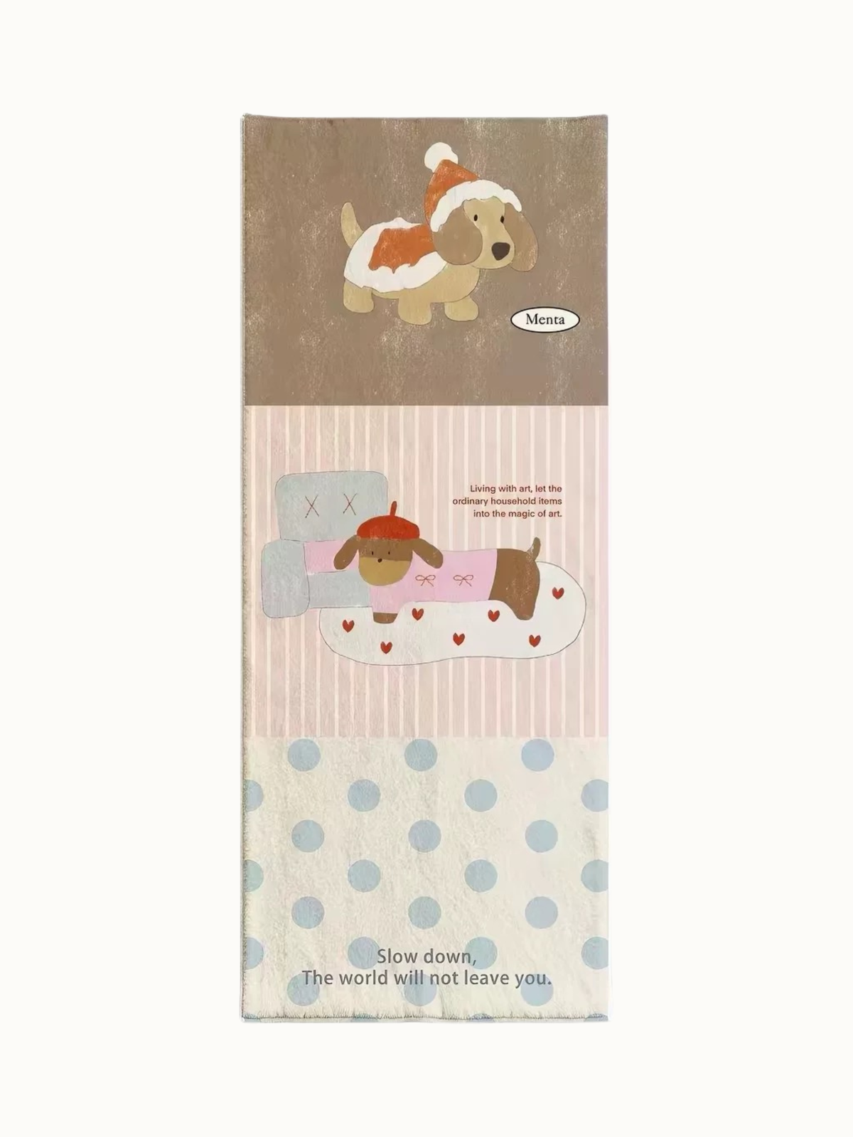 A cartoon dog rug combines a brown top panel, a dog in pink, pale stripes and blue dots on cream.