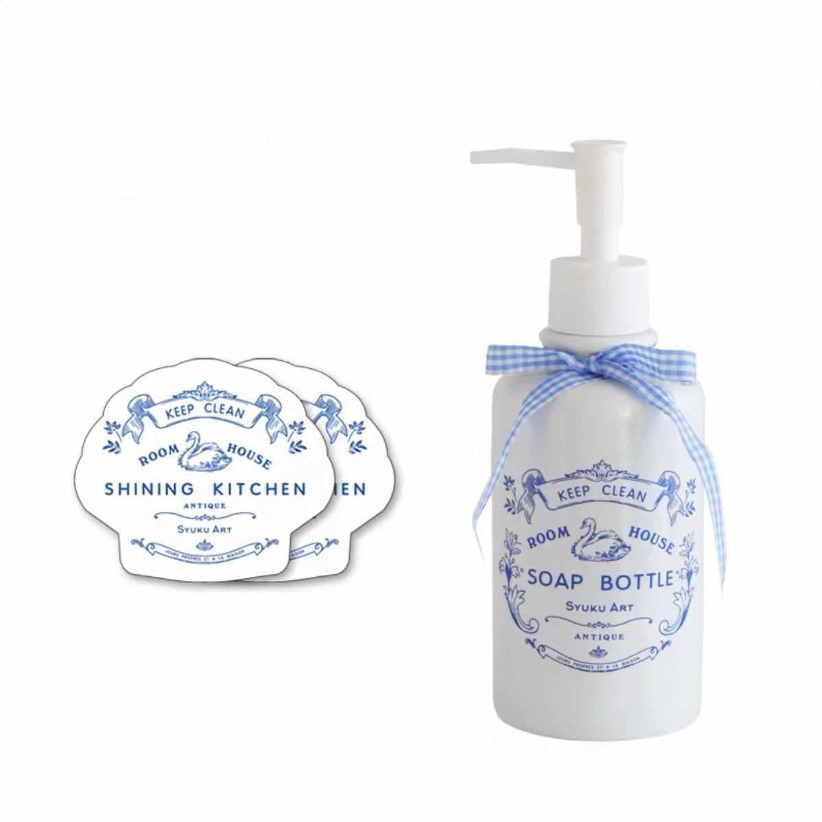 Ceramic soap dispenser with a blue gingham bow is shown beside two matching blue and white dish sponges.