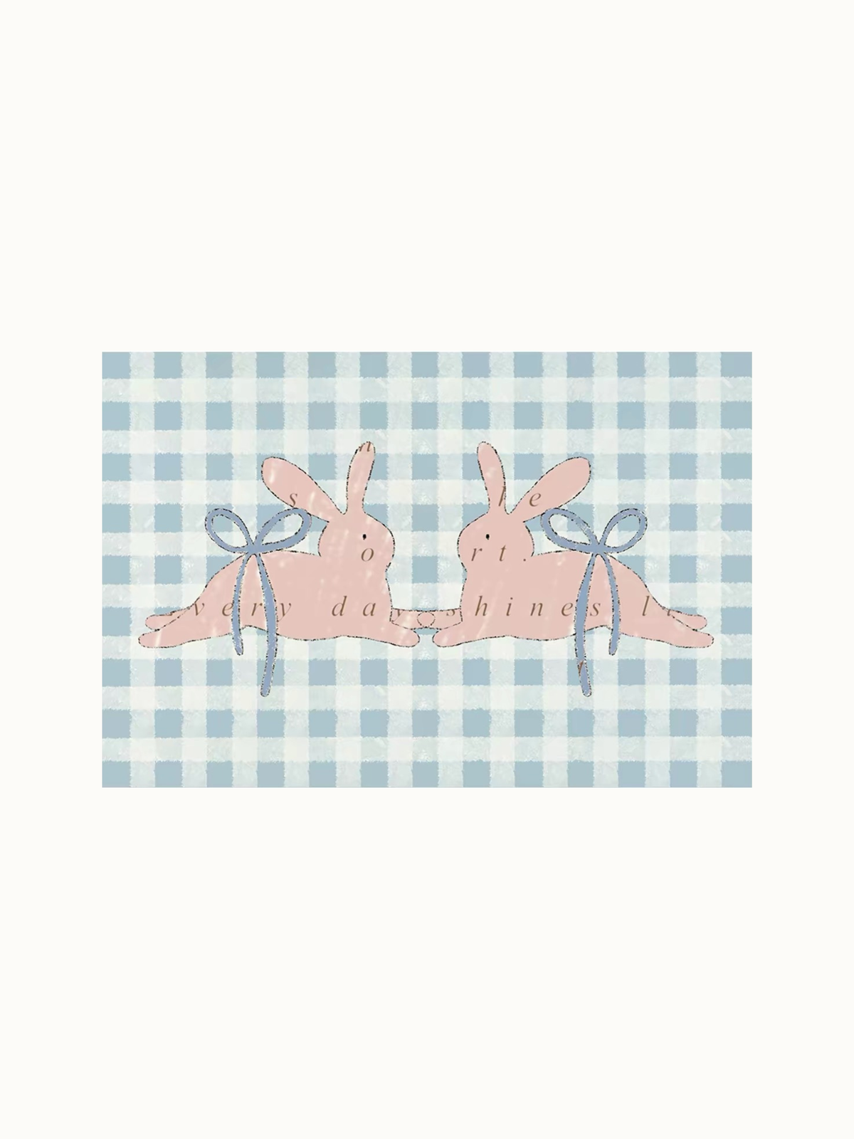 A checkered door mat shows two pink bunnies with blue bows across a pale blue and white gingham background.