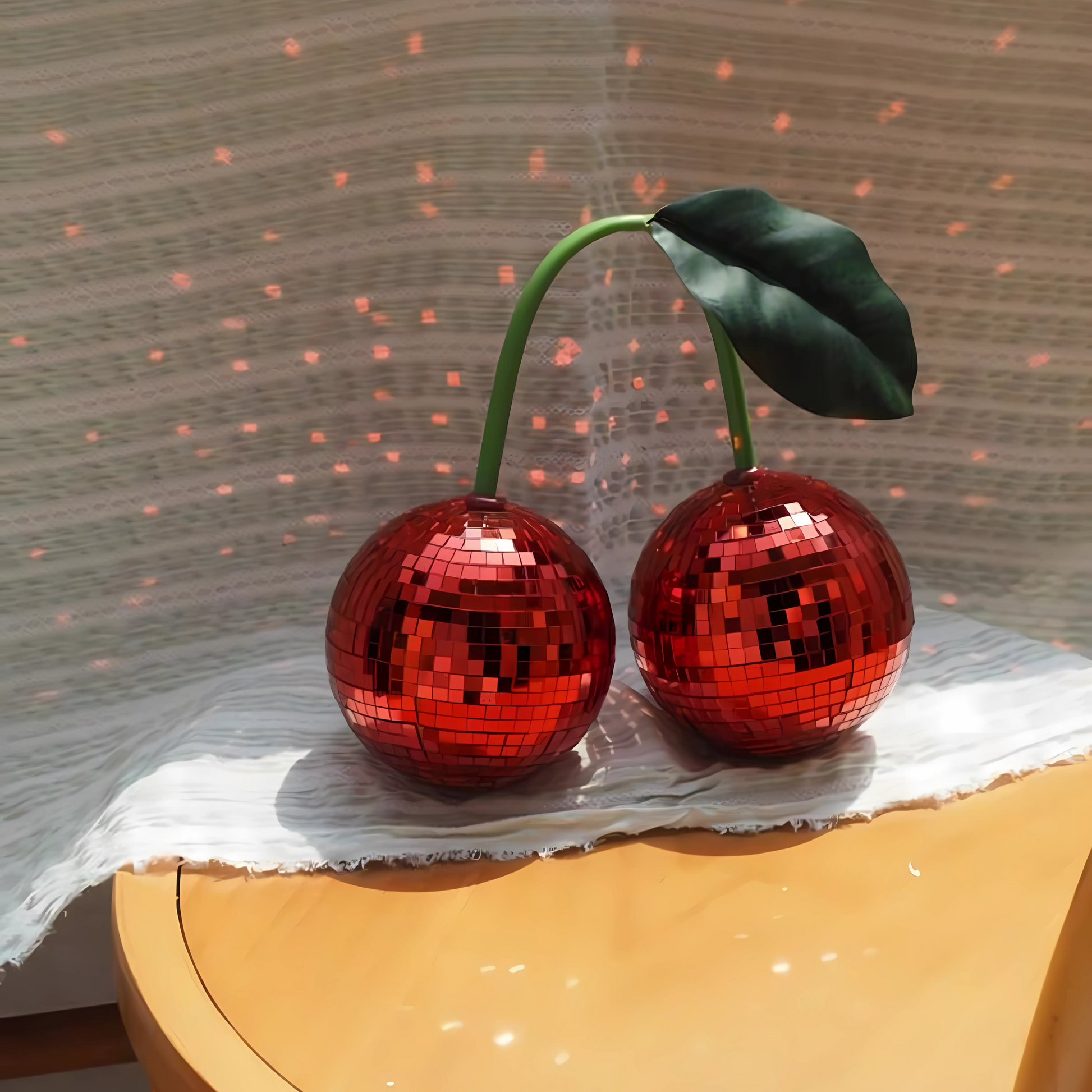 Red cherry disco ball set on shelf sparkling in sunlight