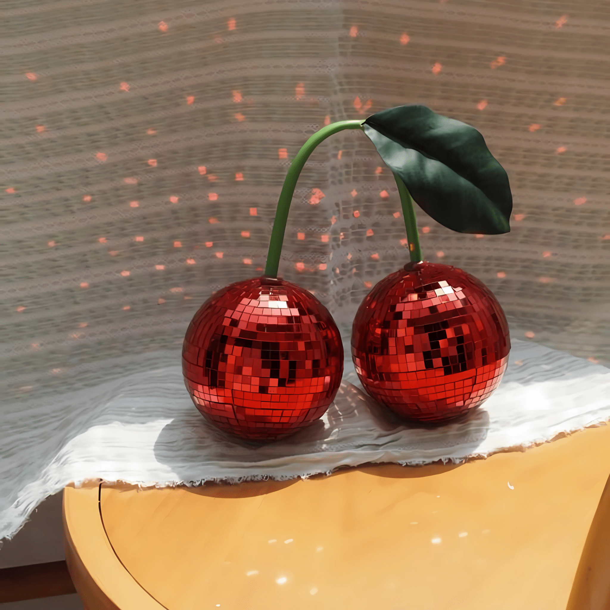 Red cherry disco ball set on shelf sparkling in sunlight
