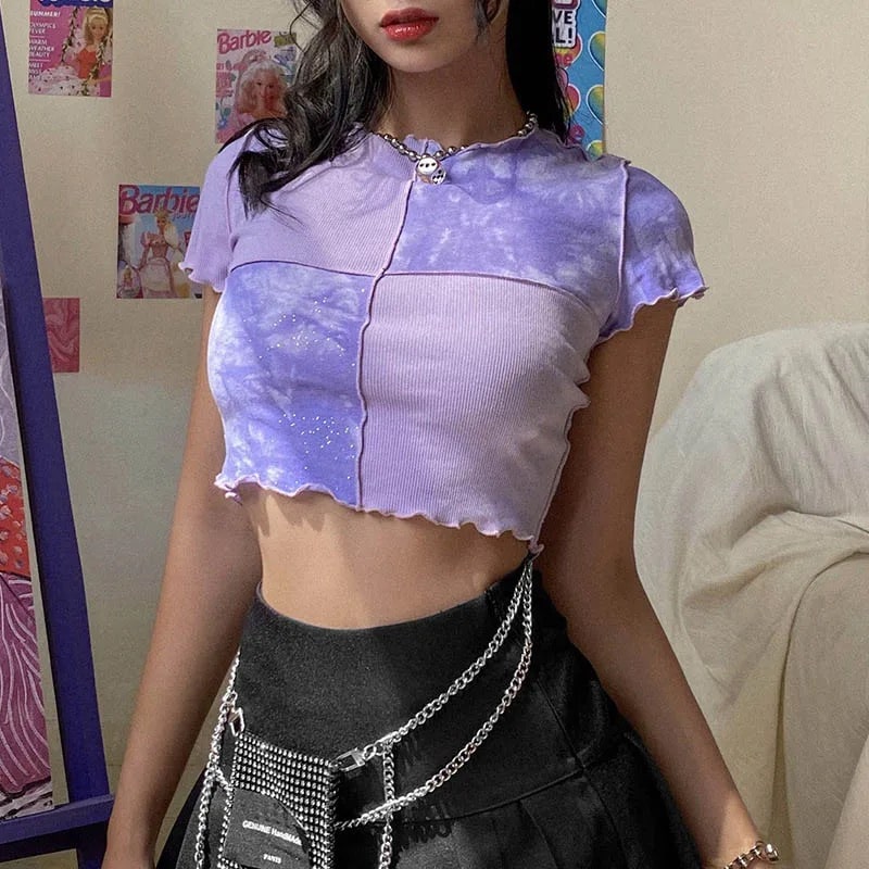 Chic Y2K ruffle hem tie dye crop top for women