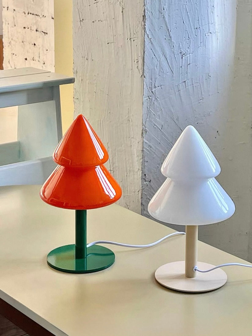 Orange and blue Christmas tree table lamps with contrasting round bases