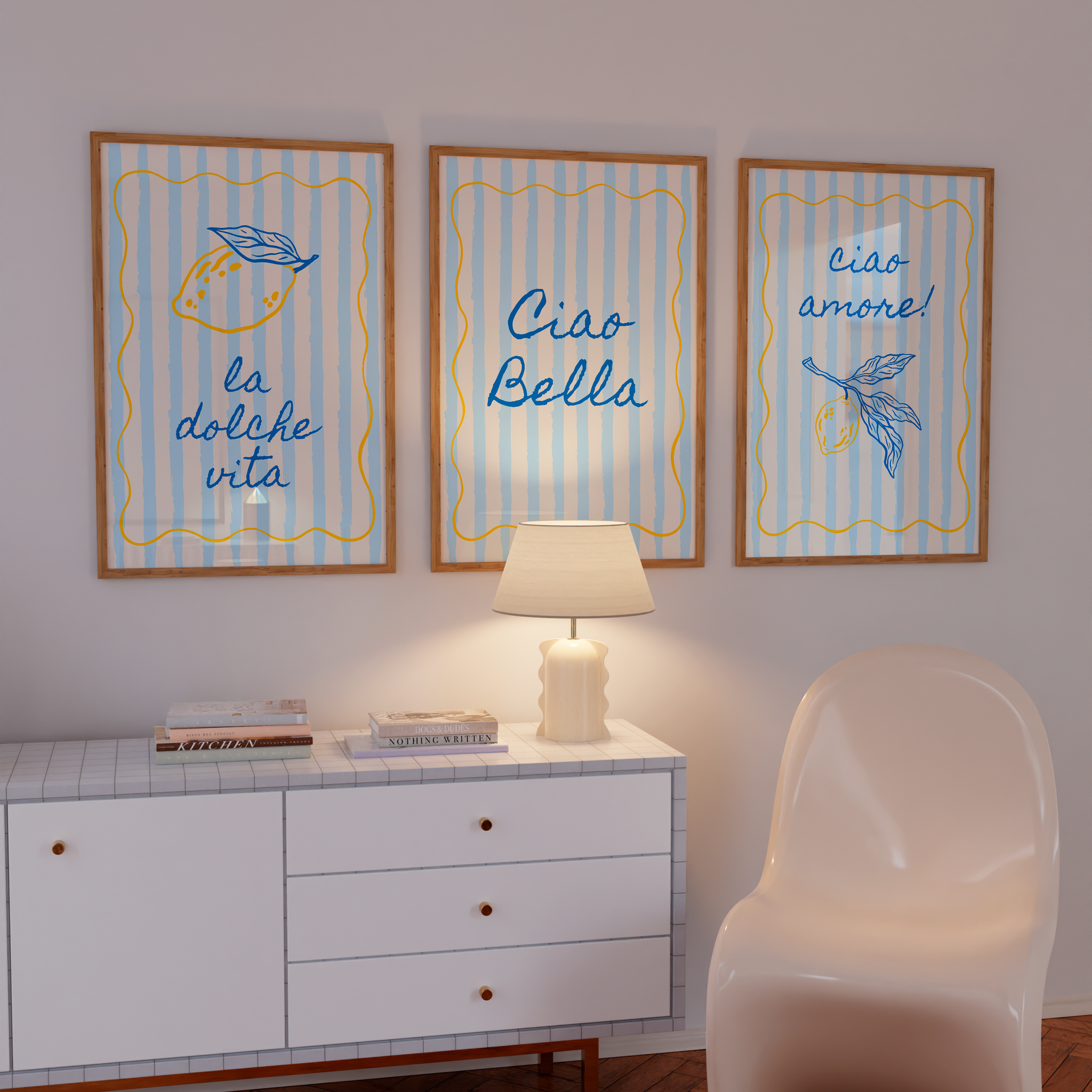 Retro printable poster with lemon and blue stripes, styled for Italian kitchen wall art